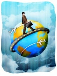 Businessman walking around a globe with a briefcase